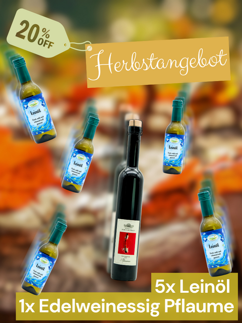 Herbstangebot Edelweinessig "Pflaume" + 5x Leinöl
